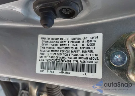 2016 Honda Civic Ex-L from USA, damaged, VIN 19XFC1F7XGE024304